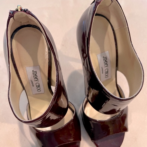 Jimmy Choo size 7.5 burgundy, shiny patent peep toe platforms with back zip. - Picture 7 of 9
